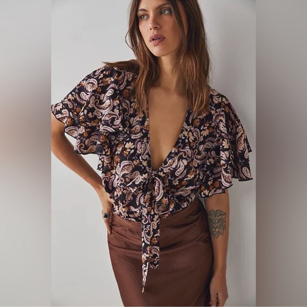 Free People Call Me Later Printed Top Bodysuit Size S Black Combo